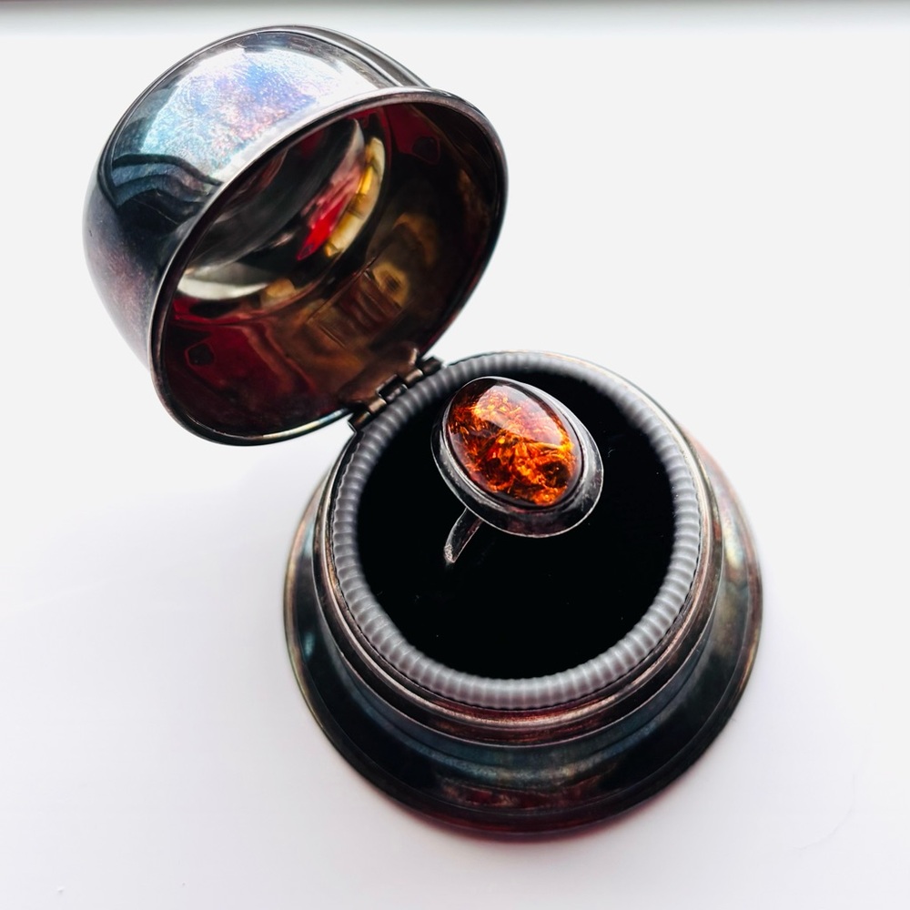 Vintage Genuine Baltic Amber 925 Silver  Cocktail Ring Warm Honey Brown 6.5
